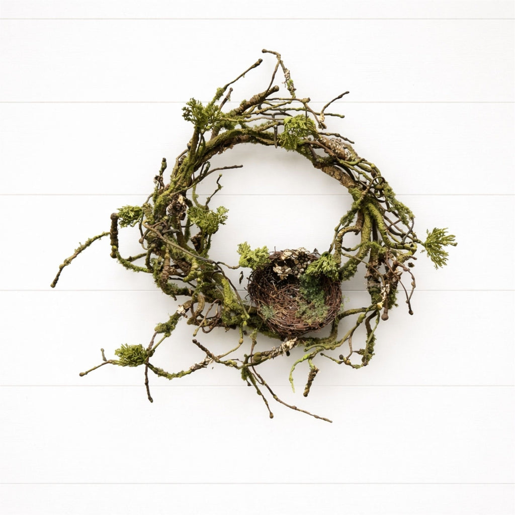 Mossy Twig Wreath with Birds Nest 12"D