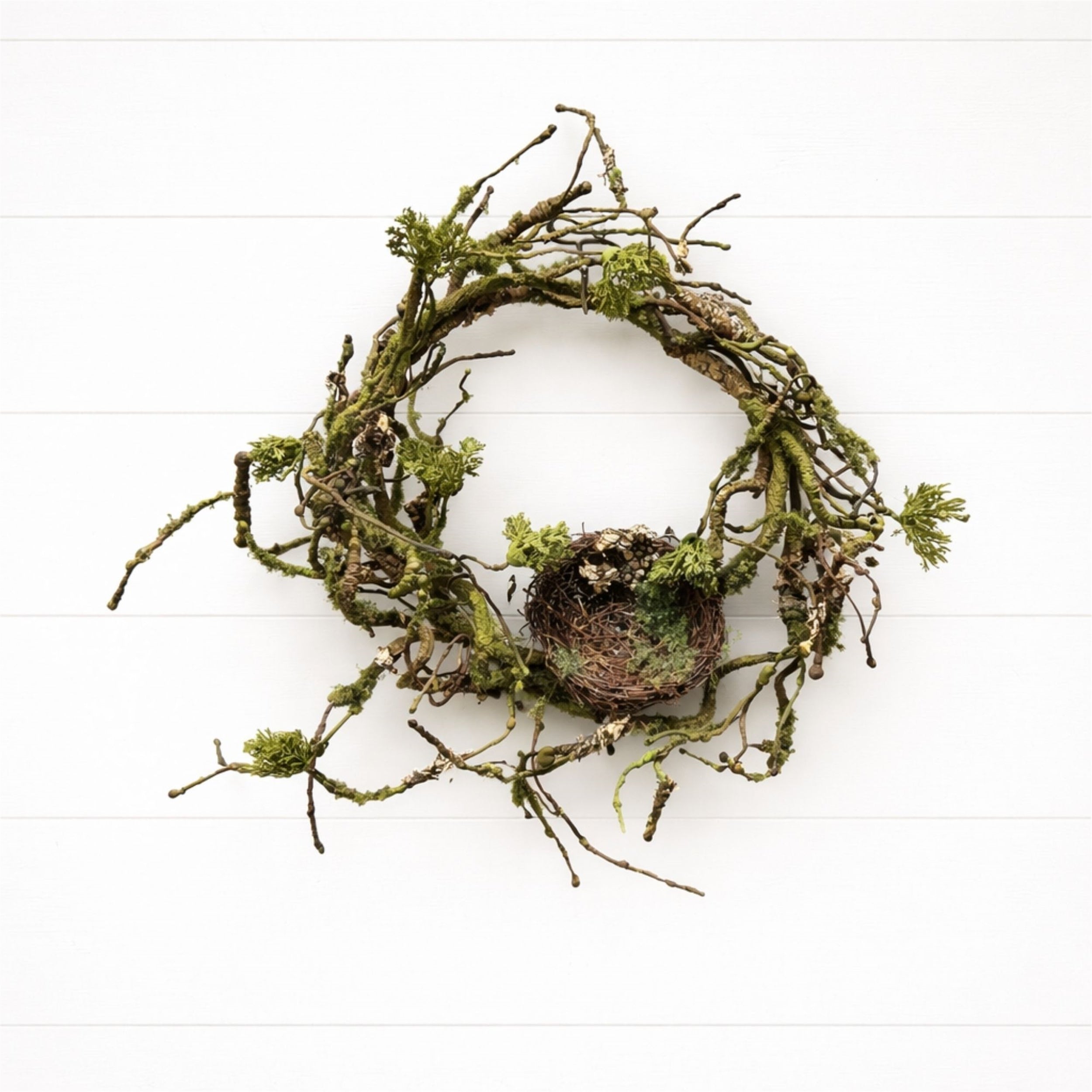 Mossy Twig Wreath with Birds Nest 12"D
