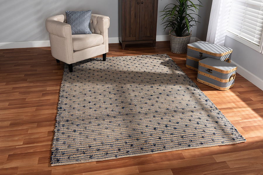 Baxton Studio Berries Modern and Contemporary Natural Brown and Blue Handwoven Jute Blend Area Rug