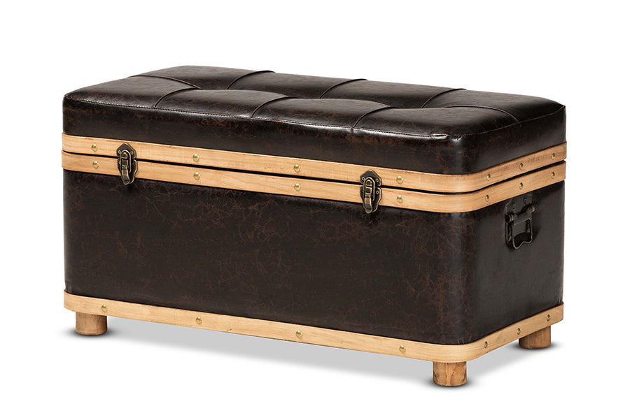 Baxton Studio Gendry Modern Rustic Transitional Dark Brown Faux Leather Upholstered and Oak Brown Finished Wood Large Storage Ottoman