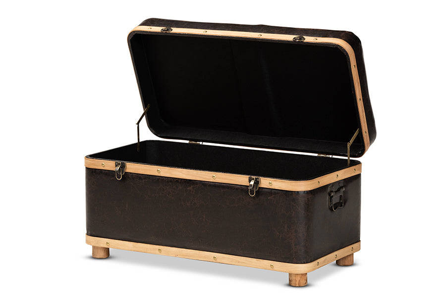 Baxton Studio Gendry Modern Rustic Transitional Dark Brown Faux Leather Upholstered and Oak Brown Finished Wood Large Storage Ottoman