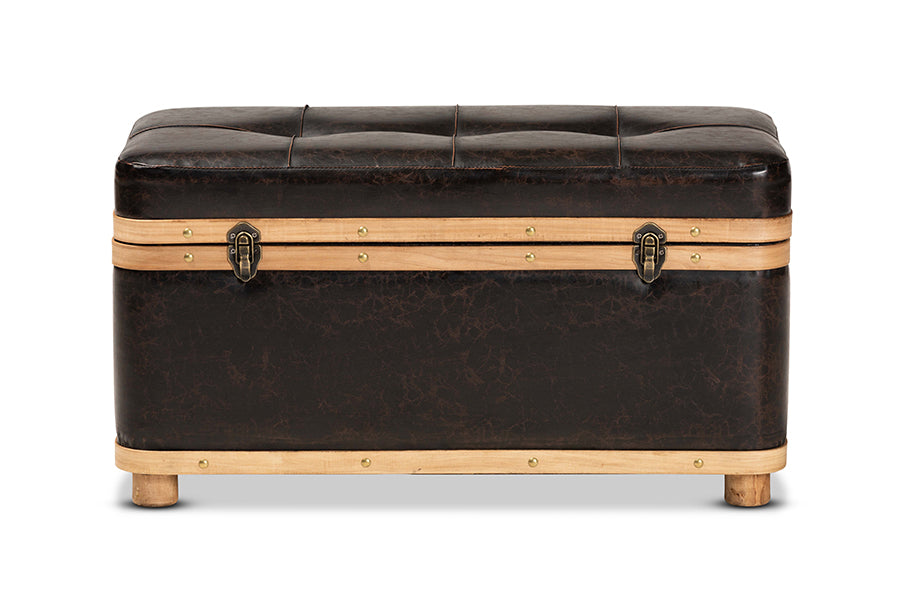 Baxton Studio Gendry Modern Rustic Transitional Dark Brown Faux Leather Upholstered and Oak Brown Finished Wood Large Storage Ottoman