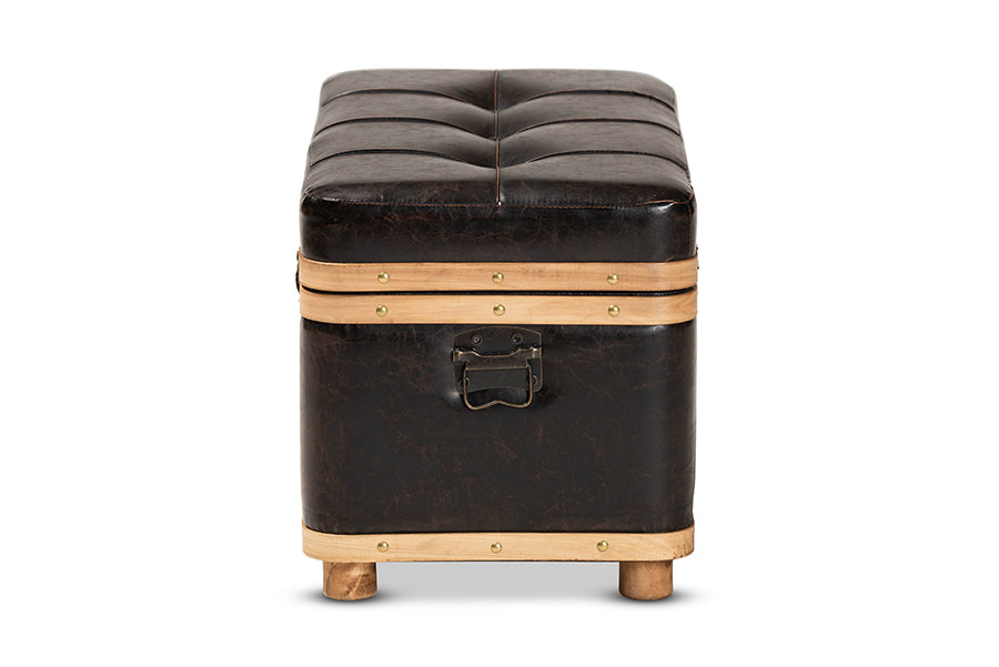 Baxton Studio Gendry Modern Rustic Transitional Dark Brown Faux Leather Upholstered and Oak Brown Finished Wood Large Storage Ottoman