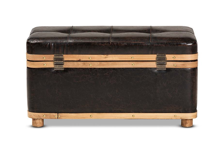 Baxton Studio Gendry Modern Rustic Transitional Dark Brown Faux Leather Upholstered and Oak Brown Finished Wood Large Storage Ottoman