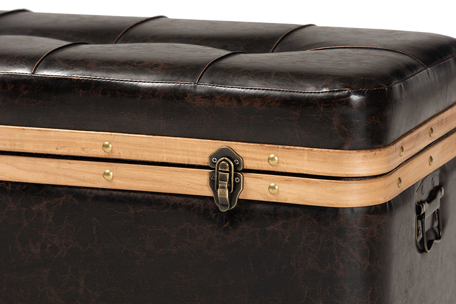 Baxton Studio Gendry Modern Rustic Transitional Dark Brown Faux Leather Upholstered and Oak Brown Finished Wood Large Storage Ottoman