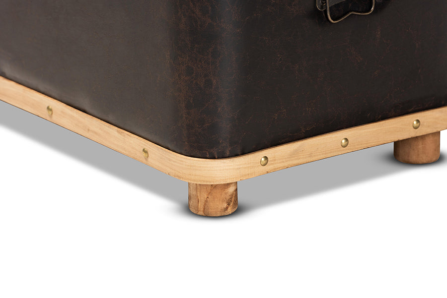 Baxton Studio Gendry Modern Rustic Transitional Dark Brown Faux Leather Upholstered and Oak Brown Finished Wood Large Storage Ottoman