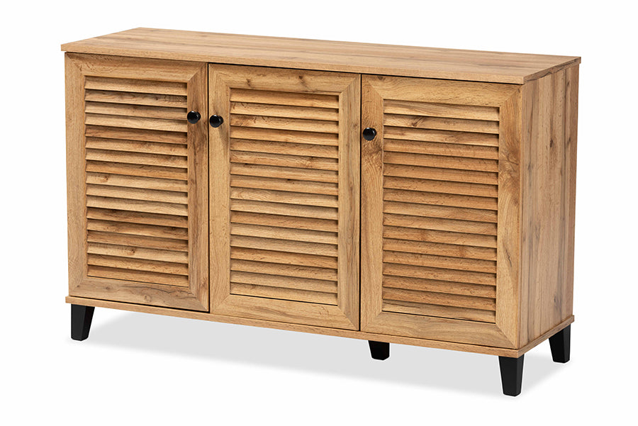 Baxton Studio Coolidge Modern and Contemporary Oak Brown Finished Wood 3-Door Shoe Storage Cabinet