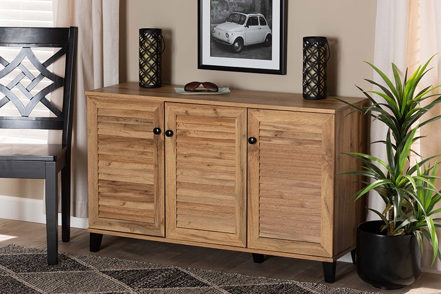 Baxton Studio Coolidge Modern and Contemporary Oak Brown Finished Wood 3-Door Shoe Storage Cabinet