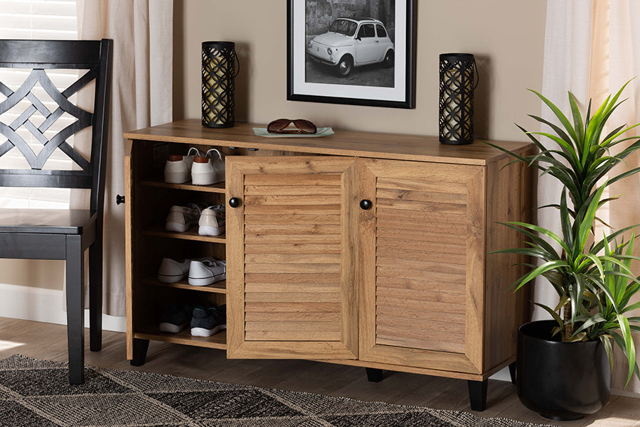 Baxton Studio Coolidge Modern and Contemporary Oak Brown Finished Wood 3-Door Shoe Storage Cabinet