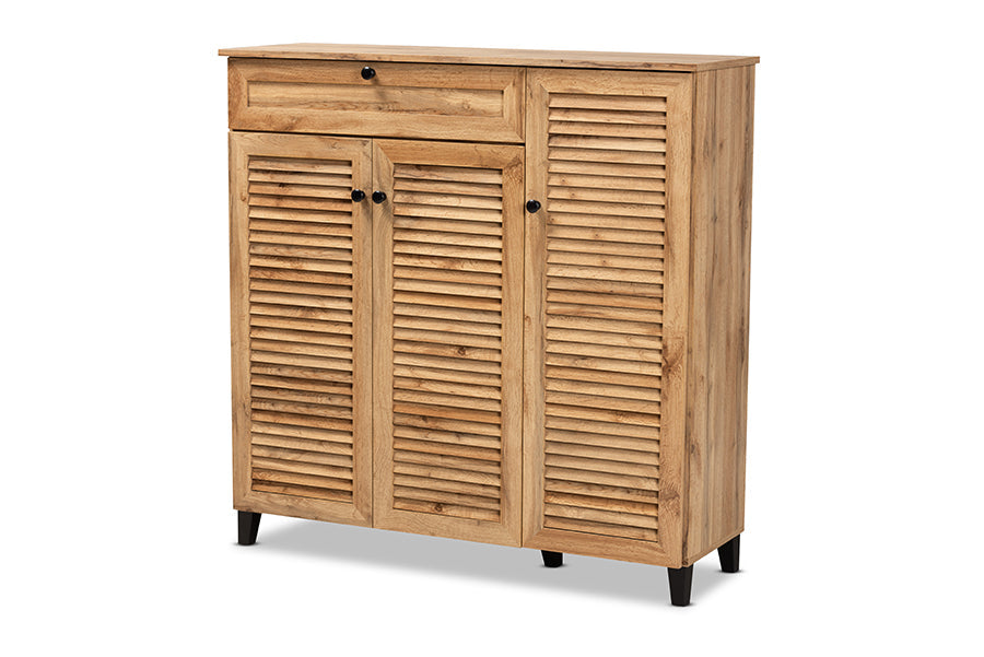Baxton Studio Coolidge Modern and Contemporary Oak Brown Finished Wood 3-Door Shoe Storage Cabinet with Drawer