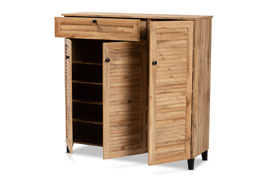 Baxton Studio Coolidge Modern and Contemporary Oak Brown Finished Wood 3-Door Shoe Storage Cabinet with Drawer