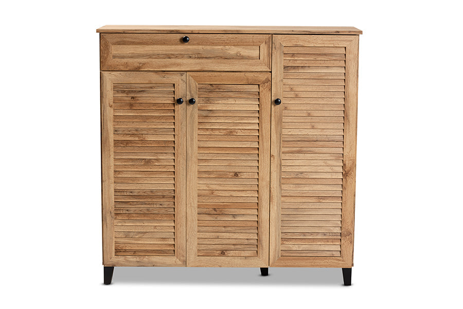 Baxton Studio Coolidge Modern and Contemporary Oak Brown Finished Wood 3-Door Shoe Storage Cabinet with Drawer