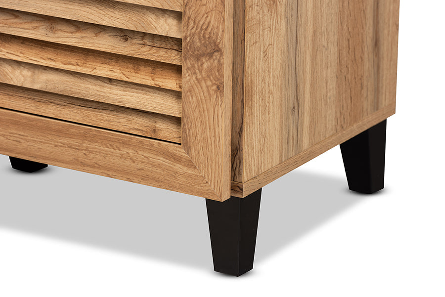 Baxton Studio Coolidge Modern and Contemporary Oak Brown Finished Wood 3-Door Shoe Storage Cabinet with Drawer