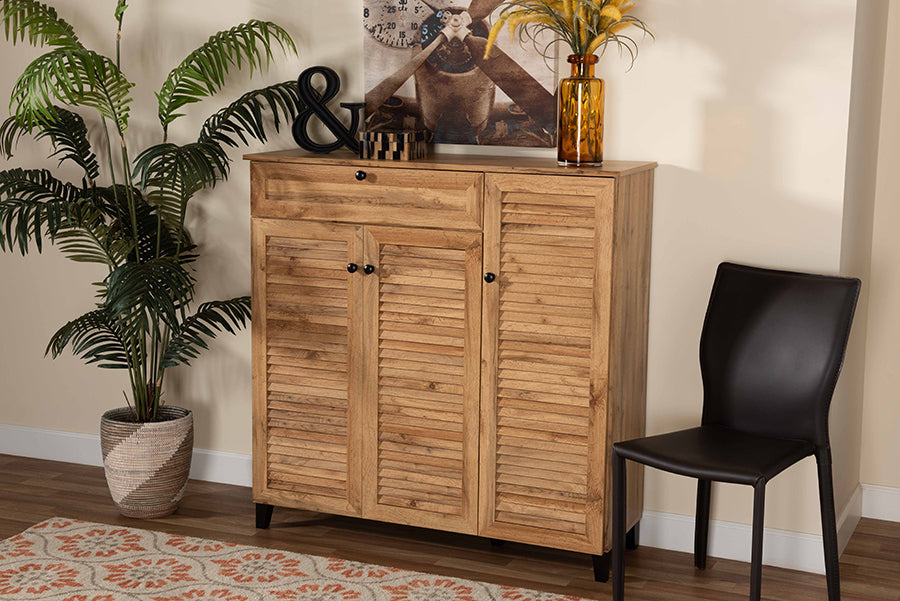 Baxton Studio Coolidge Modern and Contemporary Oak Brown Finished Wood 3-Door Shoe Storage Cabinet with Drawer