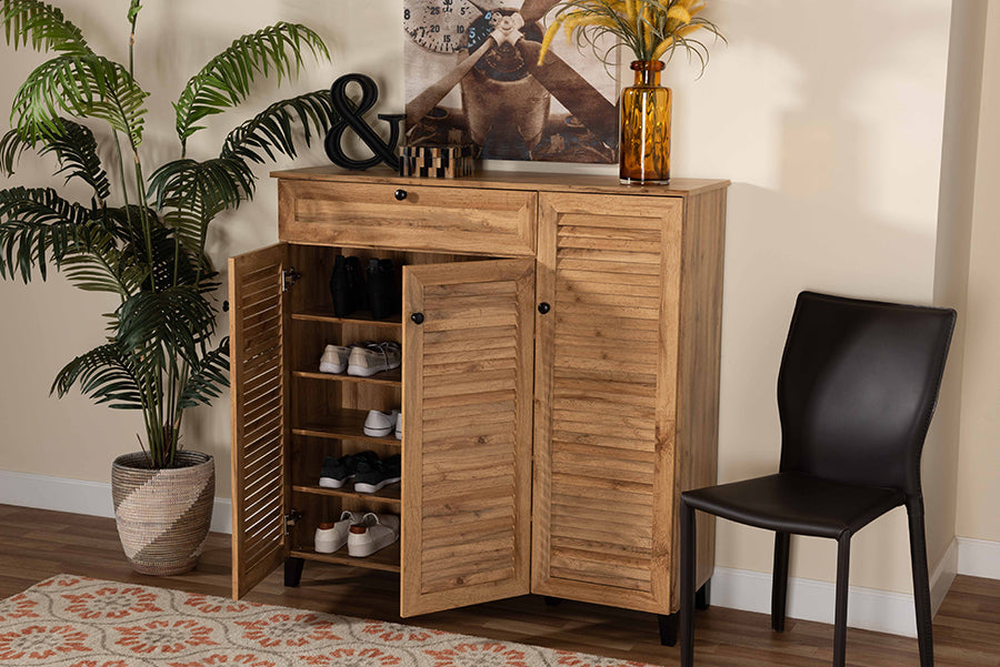Baxton Studio Coolidge Modern and Contemporary Oak Brown Finished Wood 3-Door Shoe Storage Cabinet with Drawer
