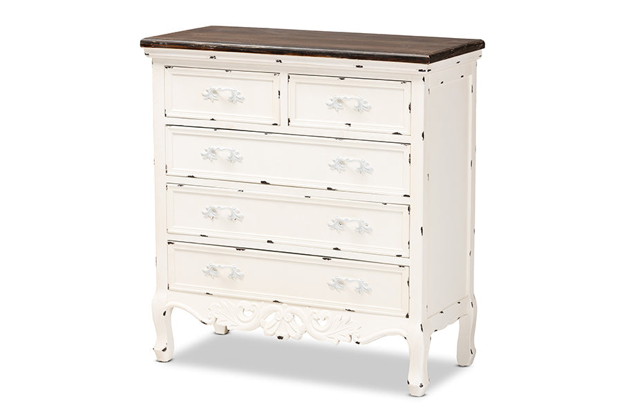 Baxton Studio Levron Classic and Traditional Two-Tone Walnut Brown and Antique White Finished Wood 5-Drawer Storage Cabinet