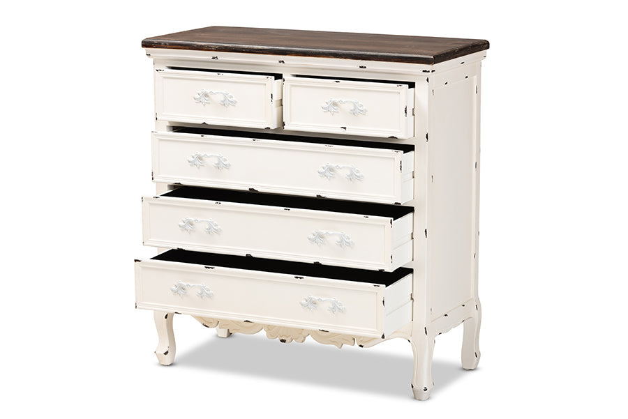 Baxton Studio Levron Classic and Traditional Two-Tone Walnut Brown and Antique White Finished Wood 5-Drawer Storage Cabinet
