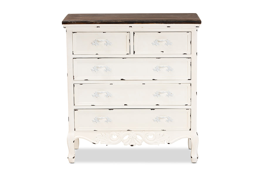 Baxton Studio Levron Classic and Traditional Two-Tone Walnut Brown and Antique White Finished Wood 5-Drawer Storage Cabinet