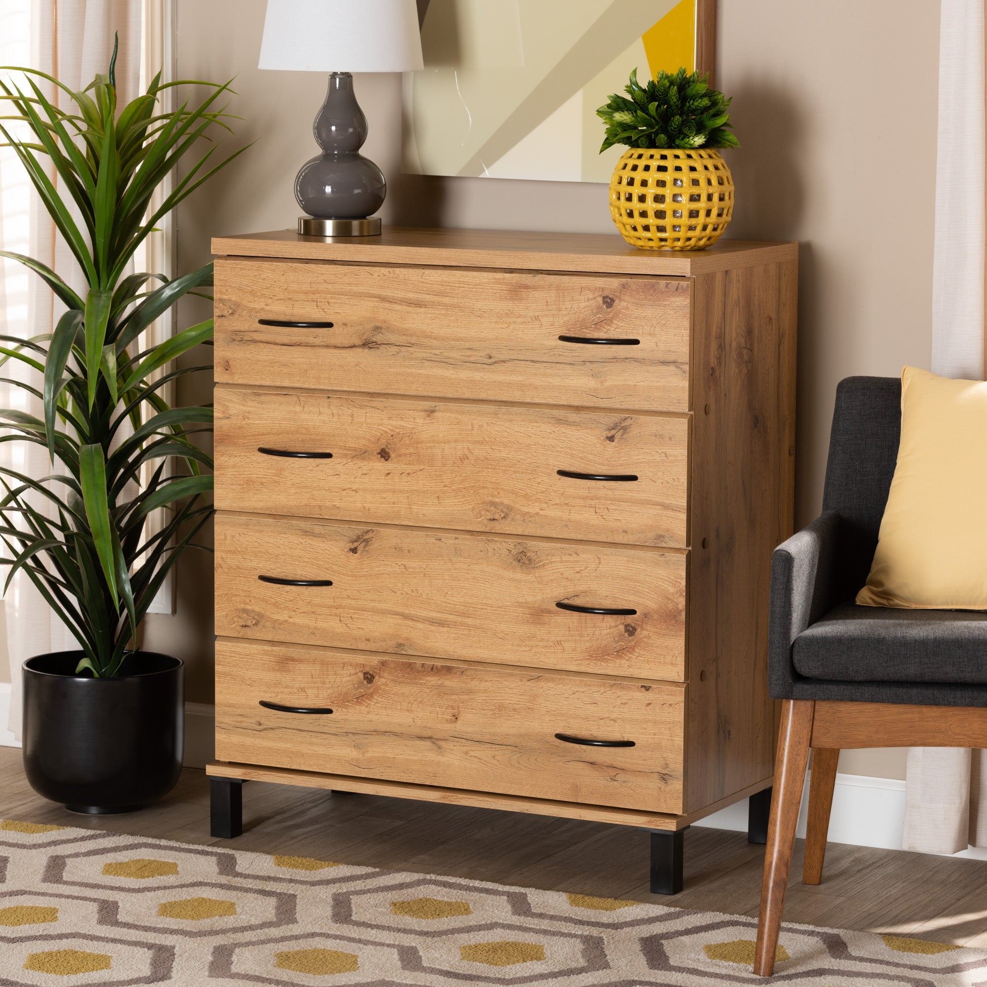 Baxton Studio Maison Modern and Contemporary Wotan Oak Brown Finished Wood 4-Drawer Storage Chest