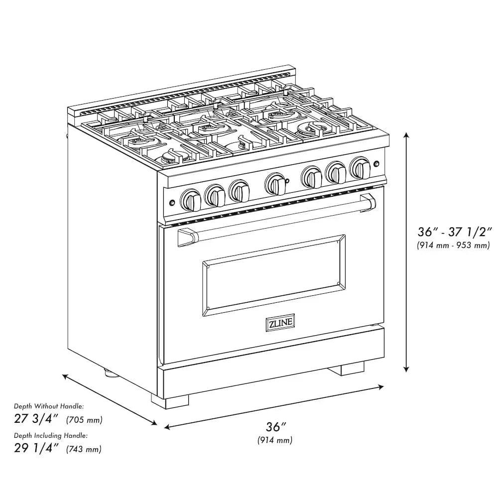 ZLINE 36" Dual Fuel Range, Gas Cooktop, Electric Convection Oven Black Stainless Steel, Champagne Bronze CDRBZ-36-CB