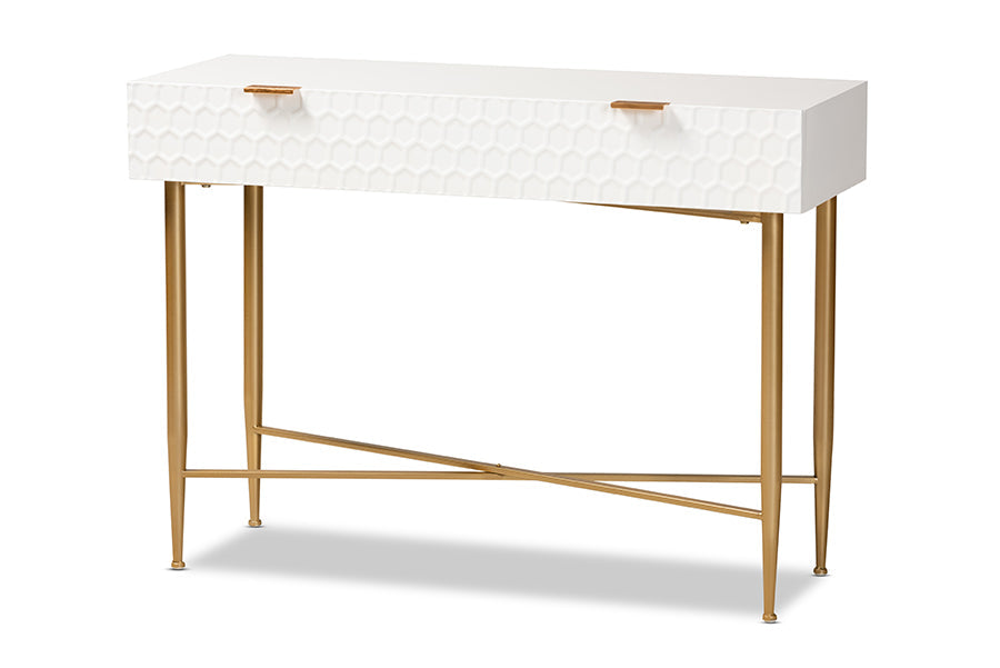 Baxton Studio Galia Modern and Contemporary White Finished Wood and Gold Metal 1-Drawer Console Table