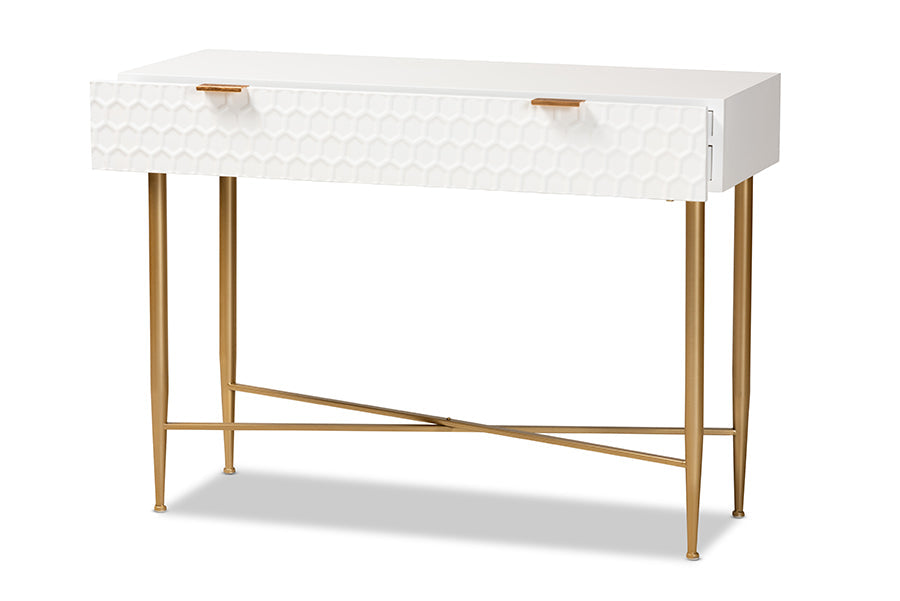 Baxton Studio Galia Modern and Contemporary White Finished Wood and Gold Metal 1-Drawer Console Table