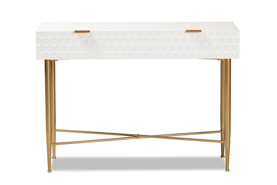 Baxton Studio Galia Modern and Contemporary White Finished Wood and Gold Metal 1-Drawer Console Table