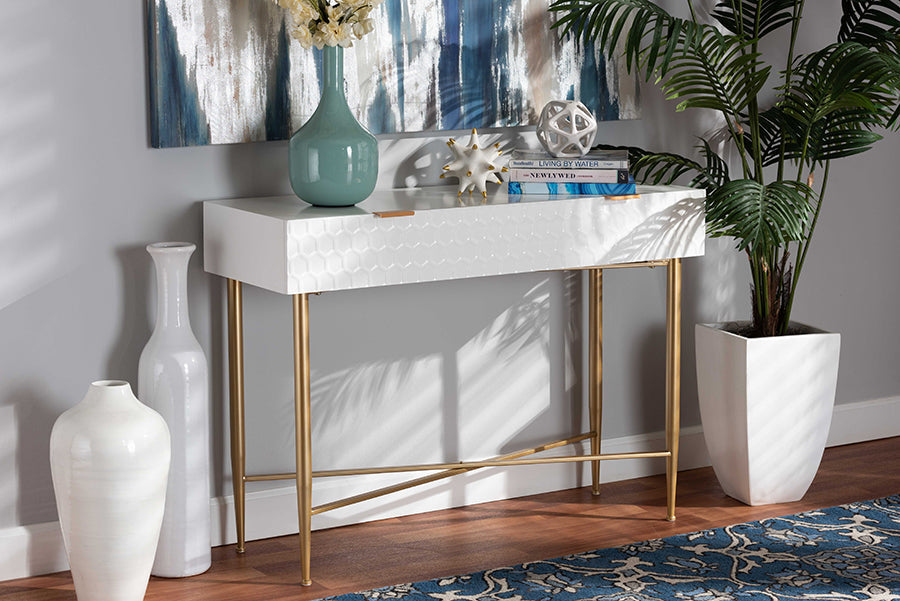 Baxton Studio Galia Modern and Contemporary White Finished Wood and Gold Metal 1-Drawer Console Table