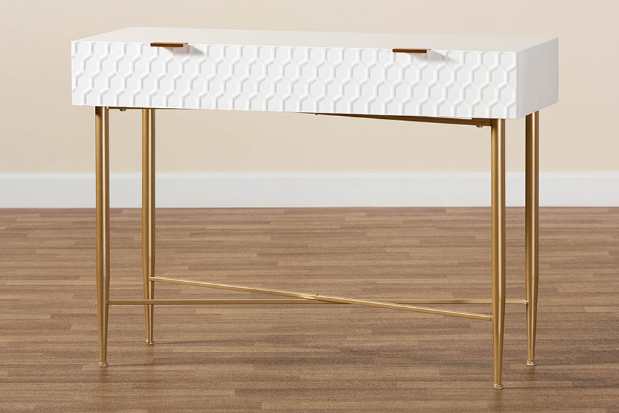 Baxton Studio Galia Modern and Contemporary White Finished Wood and Gold Metal 1-Drawer Console Table