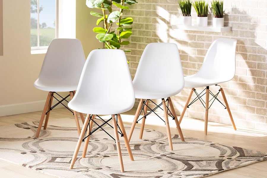 Baxton Studio Jaspen Modern and Contemporary White Finished Polypropylene Plastic and Oak Brown Finished Wood 4-Piece Dining Chair Set