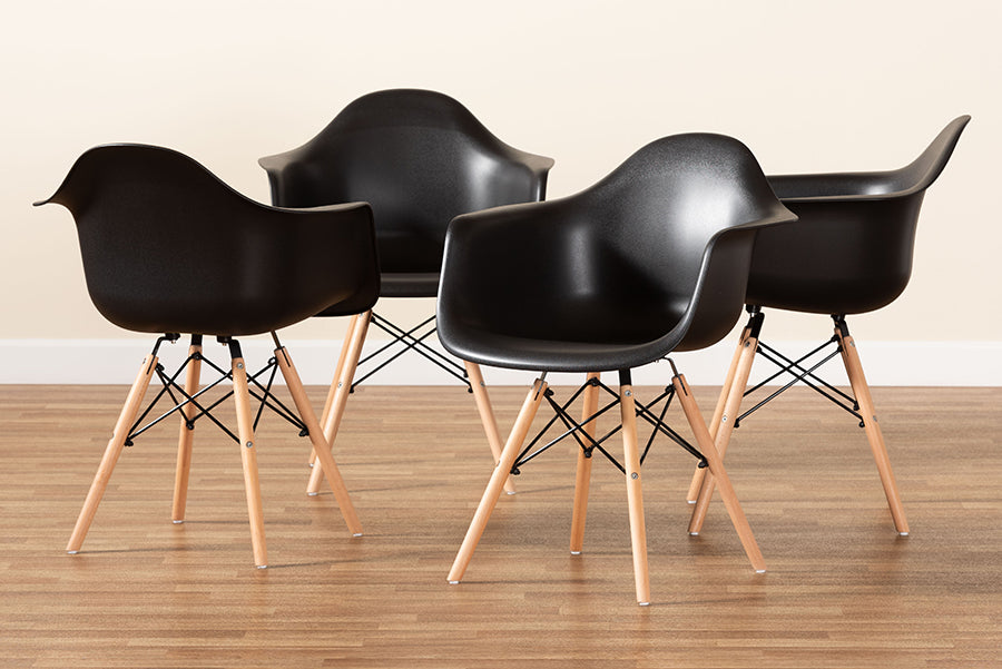 Baxton Studio Galen Modern and Contemporary Black Finished Polypropylene Plastic and Oak Brown Finished Wood 4-Piece Dining Chair Set