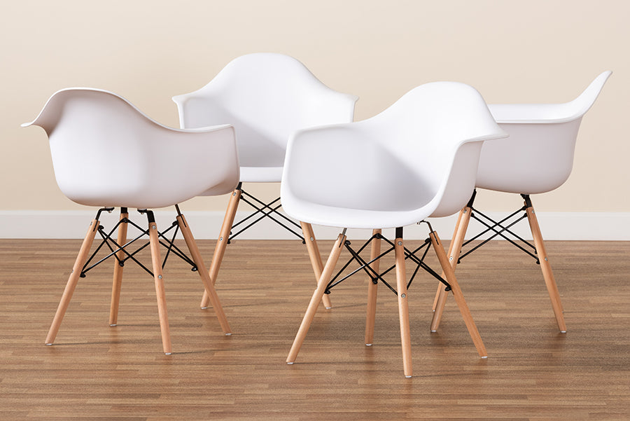 Baxton Studio Galen Modern and Contemporary White Finished Polypropylene Plastic and Oak Brown Finished Wood 4-Piece Dining Chair Set