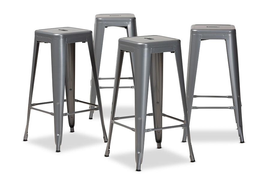 Baxton Studio Horton Modern and Contemporary Industrial Grey Finished Metal 4-Piece Stackable Bar Stool Set