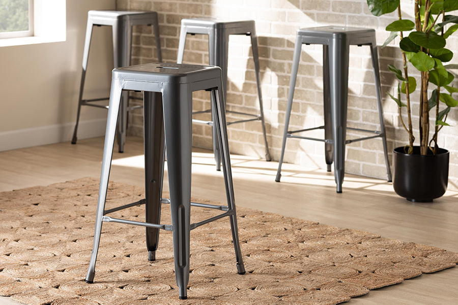 Baxton Studio Horton Modern and Contemporary Industrial Grey Finished Metal 4-Piece Stackable Bar Stool Set