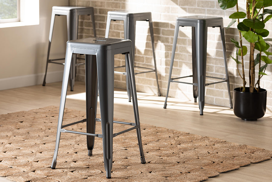 Baxton Studio Horton Modern and Contemporary Industrial Grey Finished Metal 4-Piece Stackable Bar Stool Set