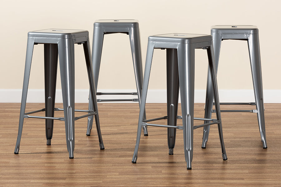 Baxton Studio Horton Modern and Contemporary Industrial Grey Finished Metal 4-Piece Stackable Bar Stool Set