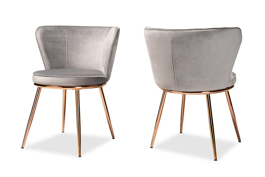 Baxton Studio Farah Modern Luxe and Glam Grey Velvet Fabric Upholstered and Rose Gold Finished Metal 2-Piece Dining Chair Set