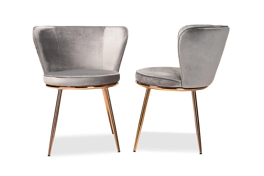 Baxton Studio Farah Modern Luxe and Glam Grey Velvet Fabric Upholstered and Rose Gold Finished Metal 2-Piece Dining Chair Set