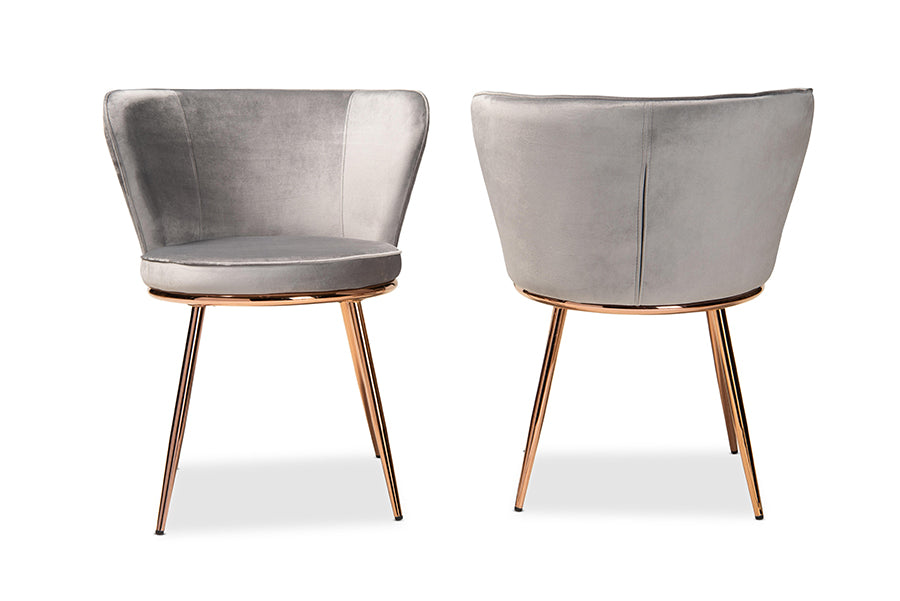 Baxton Studio Farah Modern Luxe and Glam Grey Velvet Fabric Upholstered and Rose Gold Finished Metal 2-Piece Dining Chair Set