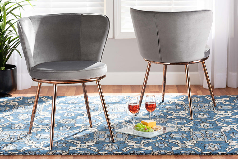 Baxton Studio Farah Modern Luxe and Glam Grey Velvet Fabric Upholstered and Rose Gold Finished Metal 2-Piece Dining Chair Set