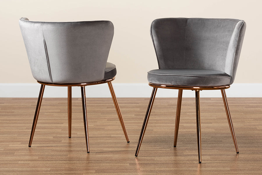 Baxton Studio Farah Modern Luxe and Glam Grey Velvet Fabric Upholstered and Rose Gold Finished Metal 2-Piece Dining Chair Set