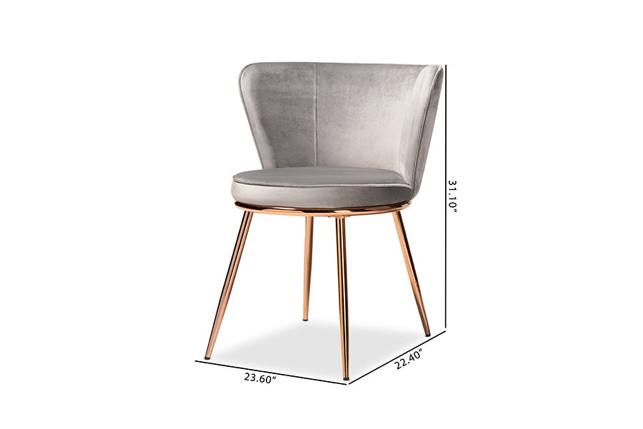 Baxton Studio Farah Modern Luxe and Glam Grey Velvet Fabric Upholstered and Rose Gold Finished Metal 2-Piece Dining Chair Set