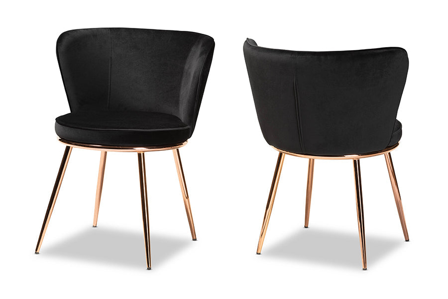 Baxton Studio Farah Modern Luxe and Glam Black Velvet Fabric Upholstered and Rose Gold Finished Metal 2-Piece Dining Chair Set