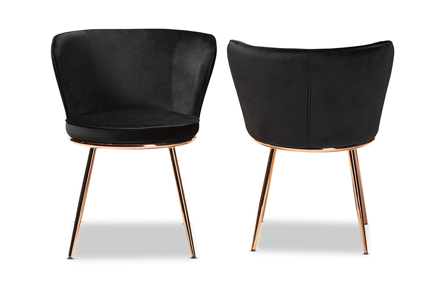 Baxton Studio Farah Modern Luxe and Glam Black Velvet Fabric Upholstered and Rose Gold Finished Metal 2-Piece Dining Chair Set