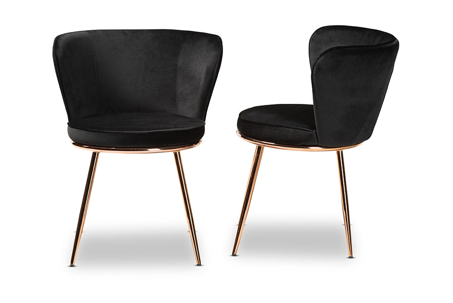 Baxton Studio Farah Modern Luxe and Glam Black Velvet Fabric Upholstered and Rose Gold Finished Metal 2-Piece Dining Chair Set