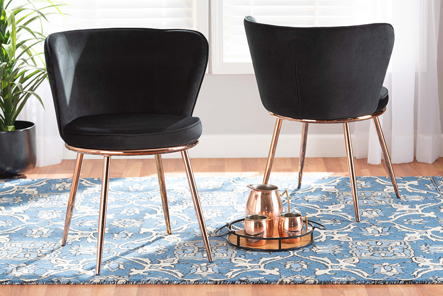 Baxton Studio Farah Modern Luxe and Glam Black Velvet Fabric Upholstered and Rose Gold Finished Metal 2-Piece Dining Chair Set