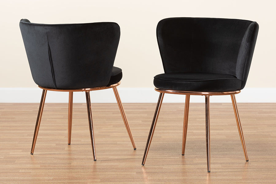 Baxton Studio Farah Modern Luxe and Glam Black Velvet Fabric Upholstered and Rose Gold Finished Metal 2-Piece Dining Chair Set