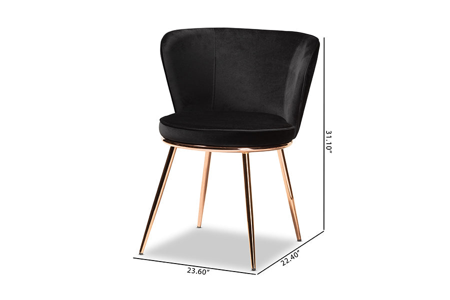 Baxton Studio Farah Modern Luxe and Glam Black Velvet Fabric Upholstered and Rose Gold Finished Metal 2-Piece Dining Chair Set