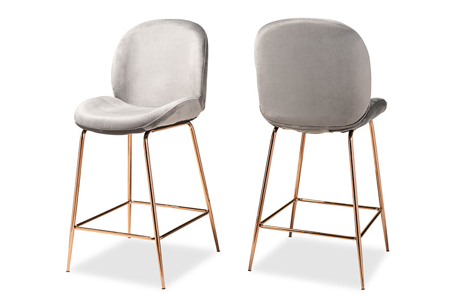 Baxton Studio Lander Modern Luxe and Glam Grey Velvet Fabric Upholstered and Rose Gold Finished Metal 2-Piece Counter Stool Set