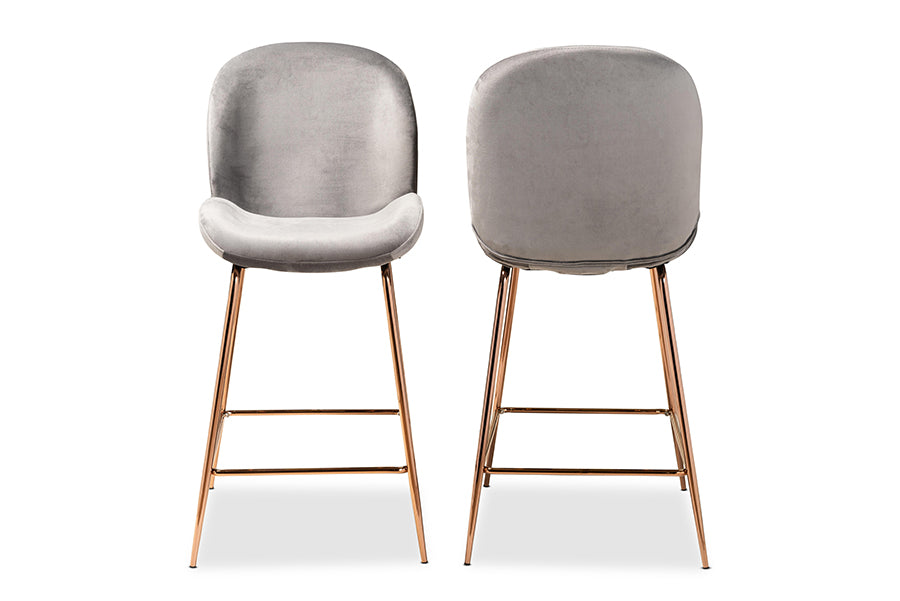 Baxton Studio Lander Modern Luxe and Glam Grey Velvet Fabric Upholstered and Rose Gold Finished Metal 2-Piece Counter Stool Set